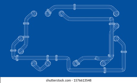 A rectangular banner with an empty space in the middle is entangled in pipes with flanges. Industrial concept. Vector image, 3D rendering