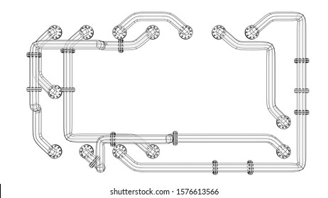 A rectangular banner with an empty space in the middle is entangled in pipes with flanges. Industrial concept. Vector image, 3D rendering