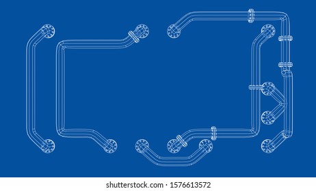 A rectangular banner with an empty space in the middle is entangled in pipes with flanges. Industrial concept. Vector image, 3D rendering