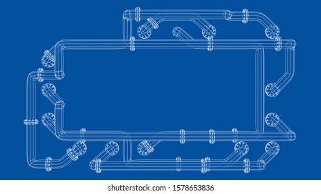 A rectangular banner with an empty space in the middle is entangled in pipes with flanges. Industrial concept. Vector image, 3D rendering