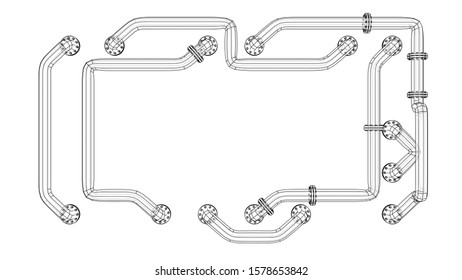 A rectangular banner with an empty space in the middle is entangled in pipes with flanges. Industrial concept. Vector image, 3D rendering