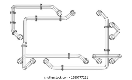 A rectangular banner with an empty space in the middle is entangled in pipes with flanges. Industrial concept. Vector image, 3D rendering