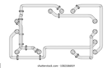 A rectangular banner with an empty space in the middle is entangled in pipes with flanges. Industrial concept. Vector image, 3D rendering
