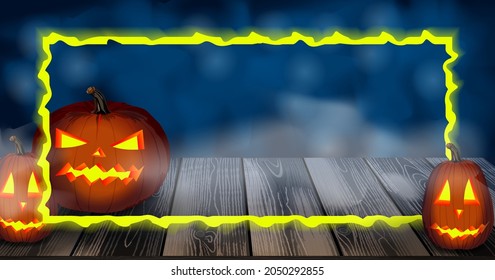 Rectangular banner with glowing carved pumpkins on a wooden table. Night dark, scary, mystical and dark sky in the back background. Template. Post. Halloween. October. Autumn