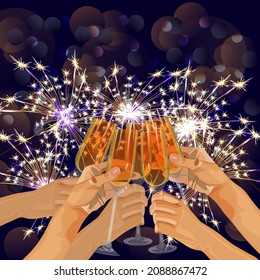 Rectangular banner with hands of people and glasses with champagne, wine on the background of Bengal lights, sparkler, bokeh. Christmas and new year's template for social media. Vector illustration.