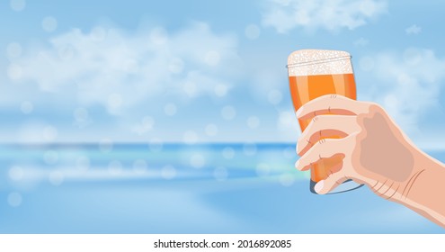 Rectangular banner with human hand holding glass of weizen with light beer on blue sky and sea background. International Beer Day. Beer day. Alcoholic drinks. Template. Post. Vector illustration.