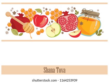 A rectangular banner for the Jewish holiday (new year). Above, such symbols as pomegranate, apple and honey. Vector illustration on white background. Place for text.