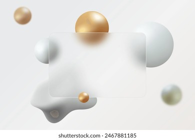 Rectangular banner made of transparent glass with voluminous gold and white spheres. Realistic glass morphism shape.