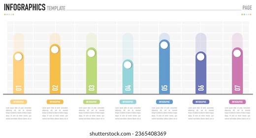 Rectangular bar infographic template or element with 7 step, process, option, colorful circle, button, hierarchy, tag, minimal style for sale slide, flowchart, workflow, stock trading, financial, web