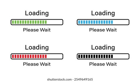 Rectangular bar loading please wait symbol icon set in four different colors. Loading 70 percent please wait progress bar infographics in green, blue, red and black color isolated on white background.