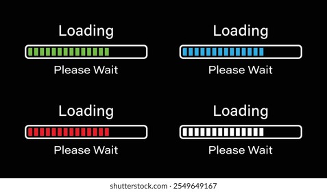 Rectangular bar loading please wait symbol icon set in four different colors. Loading 70 percent please wait progress bar infographics in green, blue, red and white color isolated for dark mode.