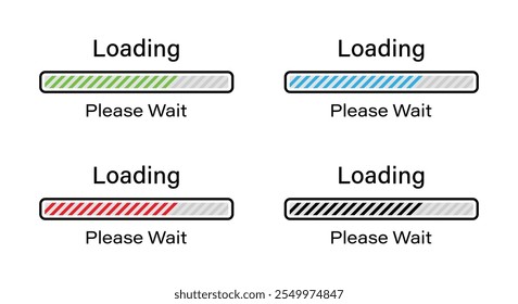 Rectangular Bar loading with tilted lines please wait symbol icon set in four different colors- Green, Blue, Red and Black. Loading 70 percent please wait progress bar infographics for light mode.