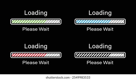 Rectangular Bar loading with tilted lines please wait symbol icon set in four different colors- Green, Blue, Red and Black. Loading 70 percent please wait progress bar infographics for dark mode.