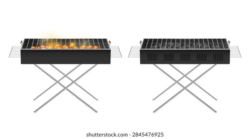Rectangular barbecue grills without lid with hot charcoal. Vector realistic outdoor cooking equipment used for direct grilling. Open structure for preparing food in backyard or picnic environment