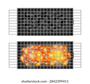 Rectangular bbq grill with metal grate and charcoal. Vector realistic outdoor cooking equipment with surface and heat source. Grilling meat and vegetables during picnic or backyard activity