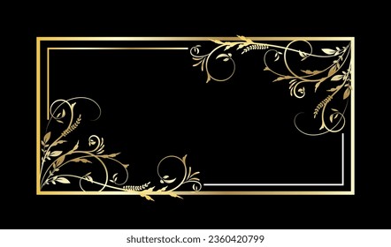 Rectangular black background for banner with vintage floral pattern with gold gradient. Vector illustration. For the design of a poster, flyer, invitation, congratulation, landing screen.