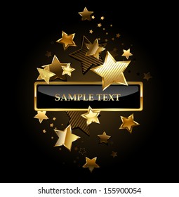 Rectangular black banner with frame decorated with gold stars on black background.