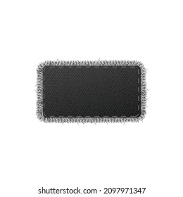 Rectangular black denim patch with fringed edges, realistic vector illustration isolated on white background. Mockup of black denim jeans patch or fabric piece.