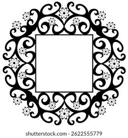 A rectangular black frame decorated with a beautiful unusual pattern with flowers on a white background