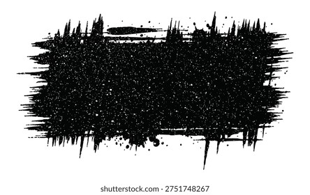 Rectangular black ink brush stroke featuring sharp pointed edges and a dense speckled texture. Grungy paint splatter background element for modern design. Distressed ink stain for artistic overlay.