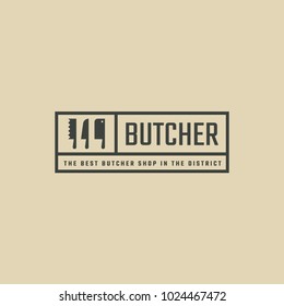 Rectangular black logo for meat store. Hipster line art logotype with knives