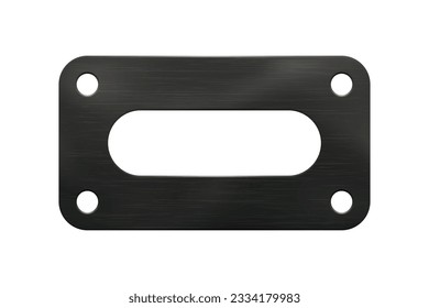 Rectangular black rubber gasket with rounded corners, elliptical and four round holes. Realistic vector illustration of a technical product for insulation in pipelines and car in flanged connections