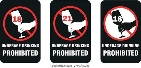 Rectangular black signs prohibiting underage drinking. Warning symbols with age restrictions of eighteen and twenty-one