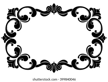 Rectangular black and white frame with curls Baroque. Decorative element for design of books, printed materials, invitation for a wedding or a celebration, for albums.