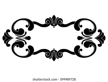 Rectangular black and white frame with curls Baroque. Decorative element for design of books, printed materials, invitation for a wedding or a celebration, for albums.