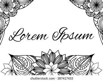 Rectangular black and white frame with doodle leaves and flowers. Vector element for invitations, greeting cards, cards, and your design