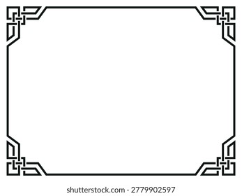 Rectangular black and white vector border frame featuring intricate Celtic knot designs in each corner.