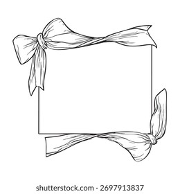 Rectangular blank frame with decorative ribbon bows. Empty space for text, design element. Hand drawn vector illustration isolated on white background.