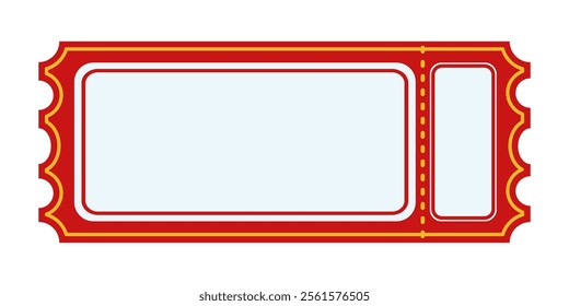 Rectangular Blank Vintage Ticket. Red and yellow retro ticket template with blank space and perforated edges. Event admission concept for circus, carnival, theater, cinema, casino, club.