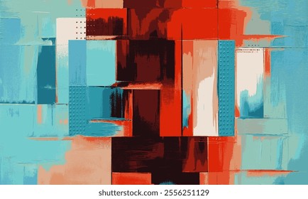 Rectangular blocks and linear patterns form a bold abstract composition, combining textured aqua blues and fiery reds for a contemporary, urban-inspired aesthetic