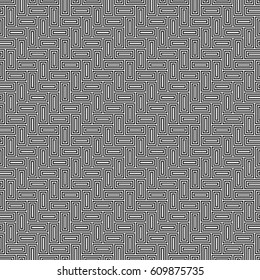 Rectangular blocks wallpaper. Repeated black geometrical figures on white background. Seamless surface pattern design with polygons. Mosaic motif. Digital paper for page fills, web designing. Vector