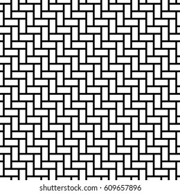 Rectangular blocks wallpaper. Repeated white geometrical figures on black background. Seamless surface pattern design with polygons. Mosaic motif. Digital paper for page fills, web designing. Vector.