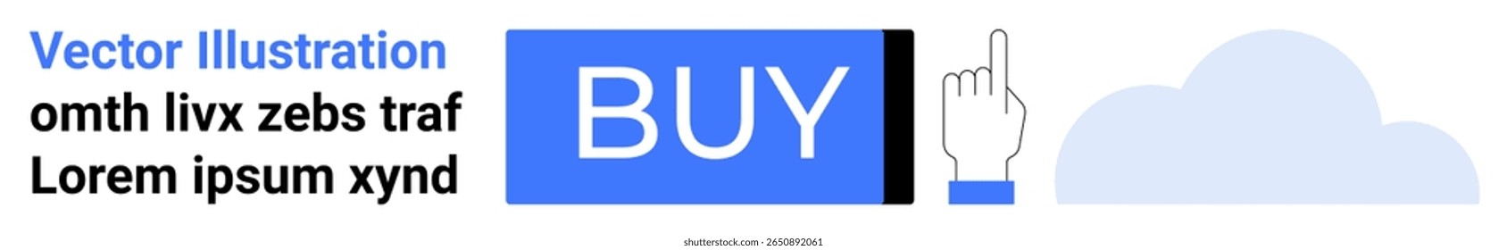Rectangular blue BUY button, white hand pointer, and blue cloud stylized elements bring visual cues to online purchasing. Ideal for e-commerce, digital marketing, UIUX design, website buttons