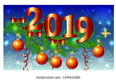 Rectangular blue christmas background with snowflakes, coniferous branches, decorated with red balls, stars, 2019