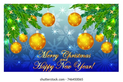 Rectangular blue christmas background with snowflakes, coniferous branches, decorated with yellow balls, stars. The inscription Merry Christmas and a Happy New Year