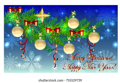 Rectangular blue christmas background with snowflakes, coniferous branches, decorated with red balls, stars. The inscription of Merry Christmas and a Happy New Year