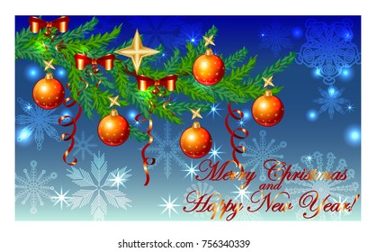 Rectangular blue christmas background with snowflakes, coniferous branches, decorated with red balls, stars. The inscription of Merry Christmas and a Happy New Year