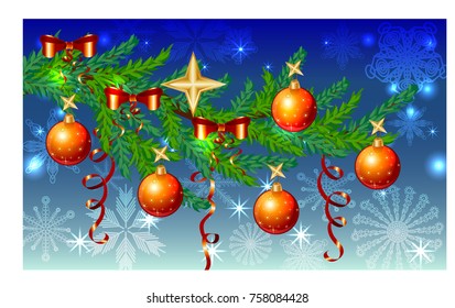 Rectangular blue christmas background with snowflakes, coniferous branches, decorated with red balls, stars