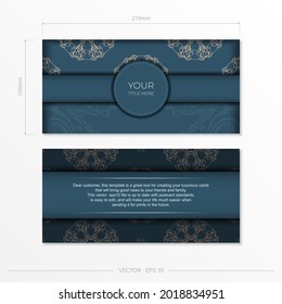 Rectangular Blue color postcard template with luxury light ornament. Print-ready invitation design with vintage patterns.