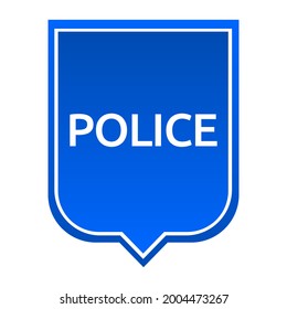 A rectangular blue shield with the inscription Police with rounded lower corners