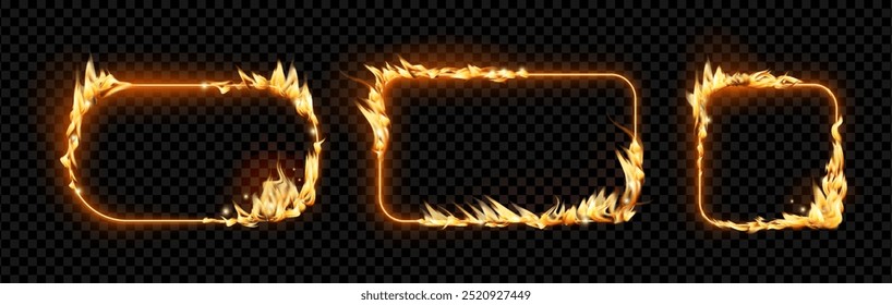 Rectangular border with flames and fire. Vector isolated set of square geometric shapes with blazing tongues and sparks. Fiery edges effect with burning, portal or banner, poster decoration