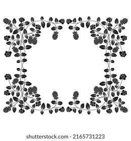 Rectangular botanical frame or background with branch of strawberry plant with leaves, berries and flowers. Vintage style. Black and white negative silhouette.