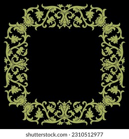 Rectangular botanical frame. Square floral border ornament with leaves and vines. Vintage folk style. Isolated vector illustration. Green decorative element. On black background.