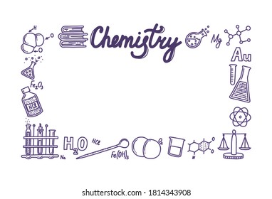 Rectangular box composed of chemistry icons. Frame for your designs and texts. Test tubes, reactions, atom, molecules, formula and other scientific items. Vector illustration in doodle style
