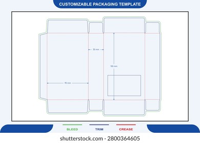 Rectangular box dieline template with bleed, trim, and crease lines, featuring dimension annotations for 95mm, 35mm, and 155mm packaging layouts