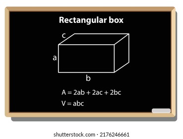 Rectangular box formula. Vector illustration of a black chalkboard with math signs. 